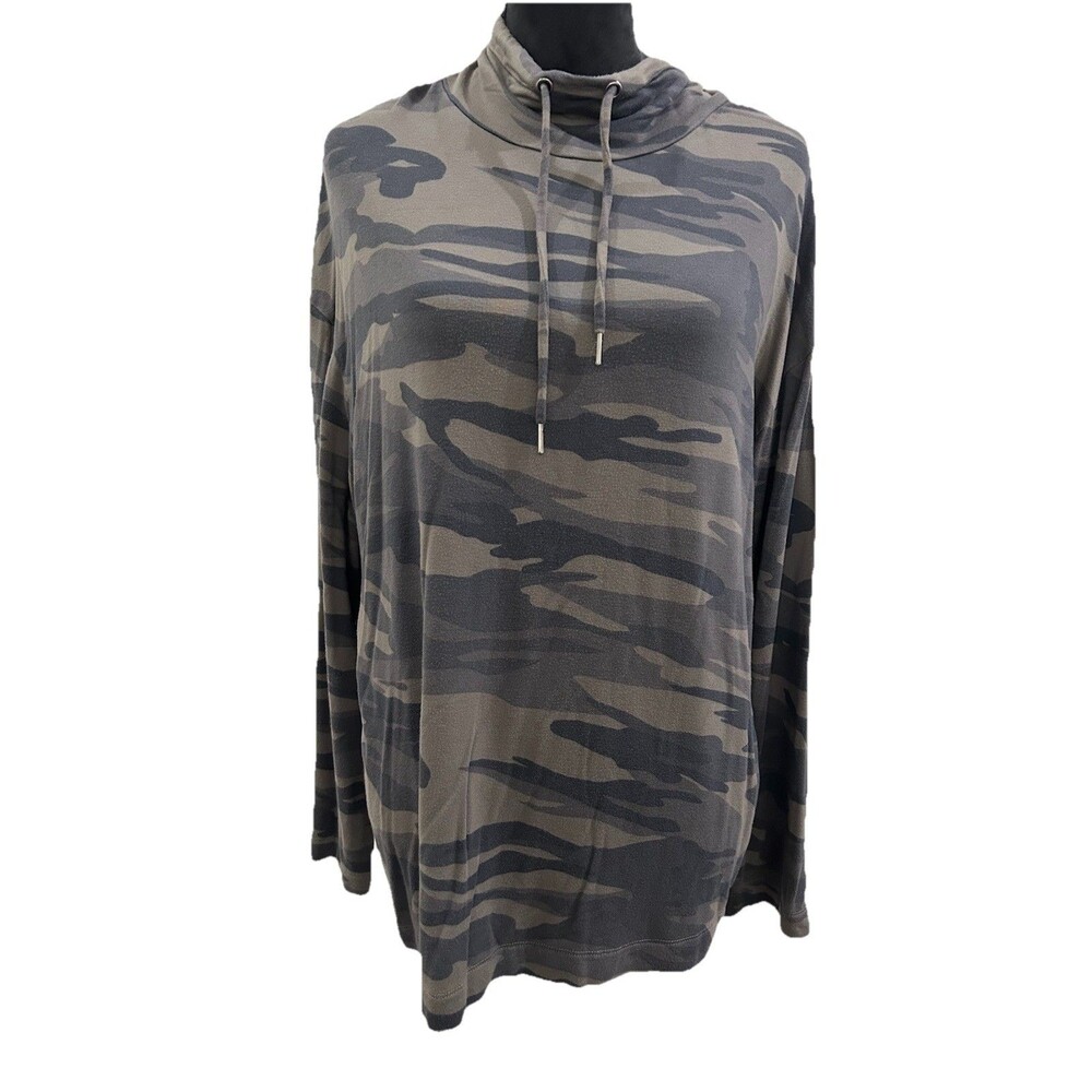 TAHARI Womens XL Top Long Sleeve Mock T Neck Draw String Camo